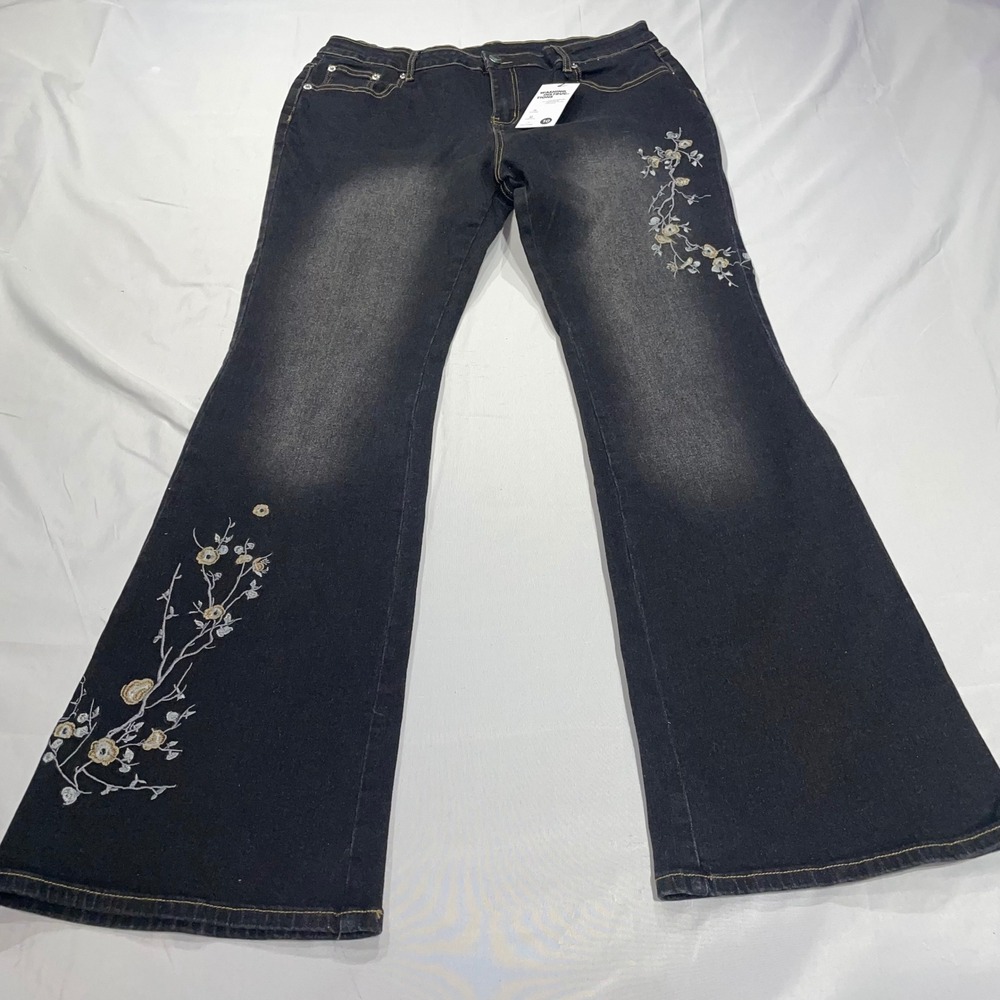 Emmiol Floral Embroidered Flare Jeans Black Dark Wash Bell Bottom Size 10 NEW